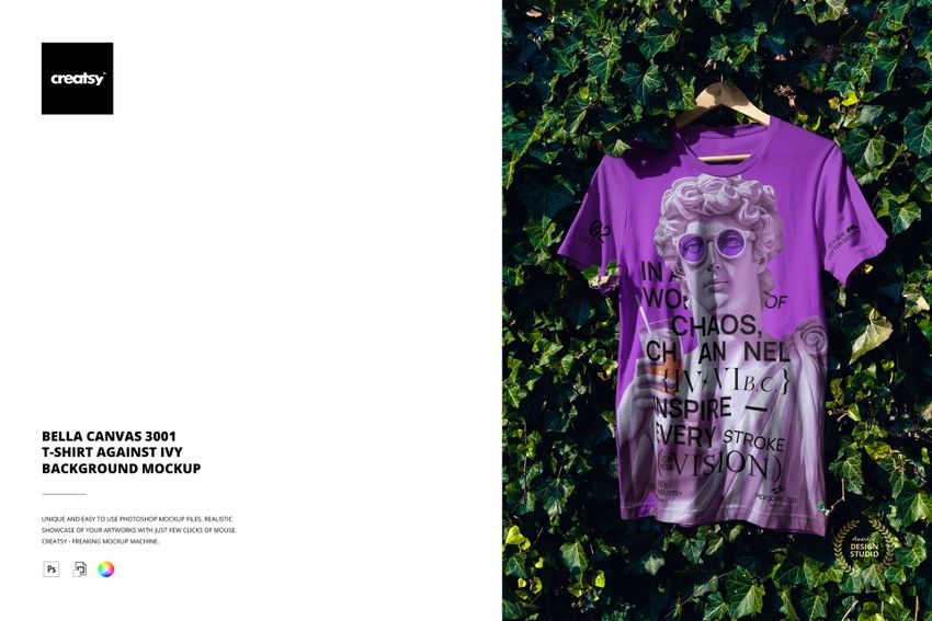 PSD mockup of Bella Canvas 3001 t-shirt in purple, shown with artistic print and text, set against leafy ivy backdrop.