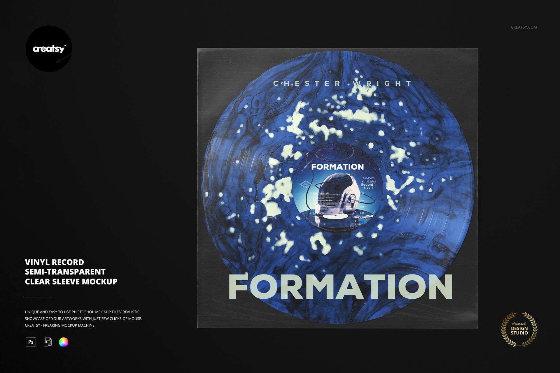 Mockup of a vinyl record in a clear sleeve with blue marbled pattern and central label, set against a dark background.