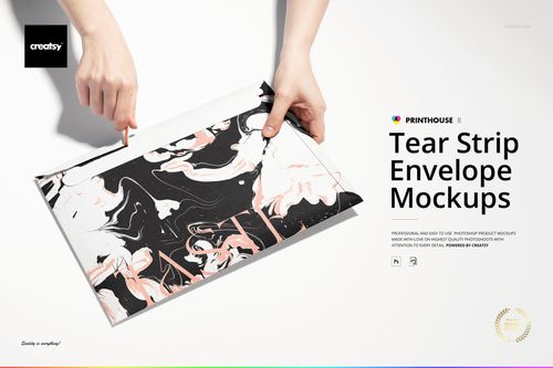 Front view of a tear strip envelope mockup featuring a swirling black, white, and pink design, held by two hands.