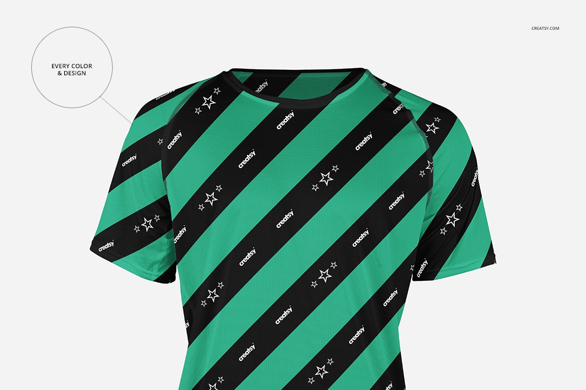 Mockup of a short-sleeve running jersey featuring alternating green and black diagonal stripes and small white stars.
