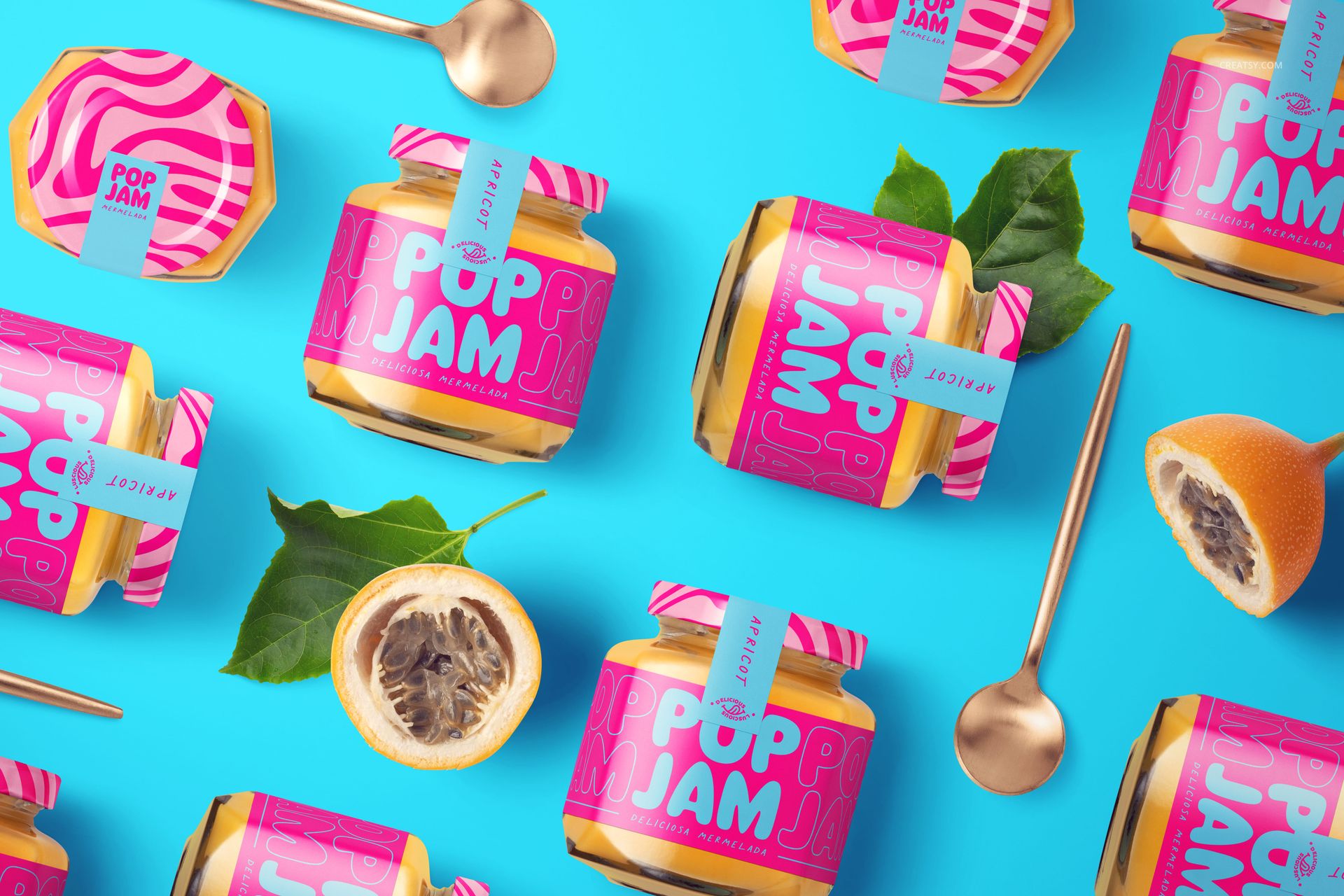 Front view of jam jar PSD mockup bundle with vivid label designs, scattered passion fruit slices, leaves, and metallic spoons.