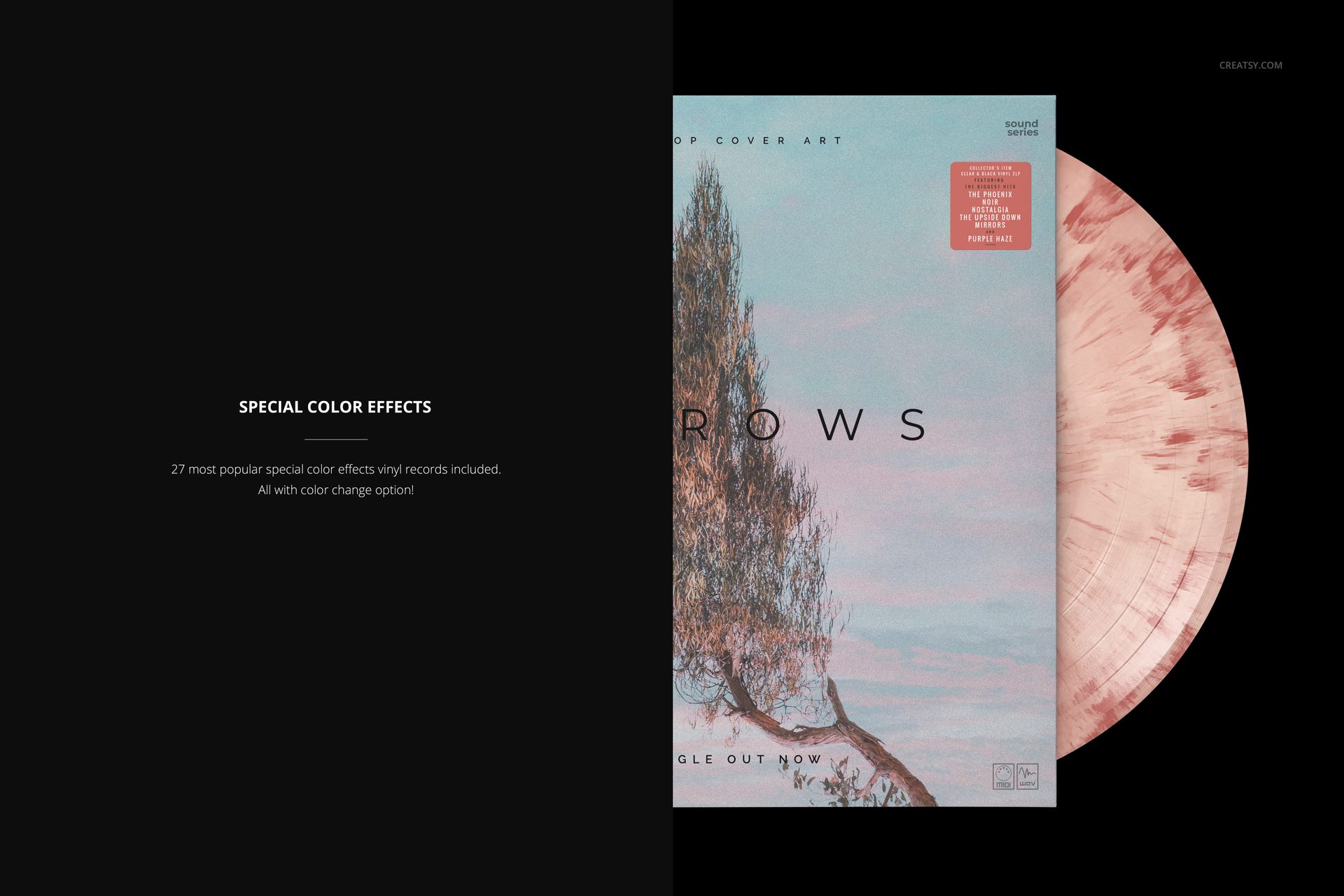 Top view of a pink marbled vinyl record in a soft-toned album sleeve featuring tree illustration, shown in a PSD mockup.