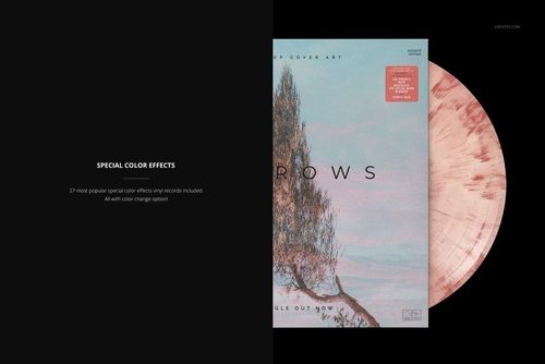 Top view of a pink marbled vinyl record in a soft-toned album sleeve featuring tree illustration, shown in a PSD mockup.