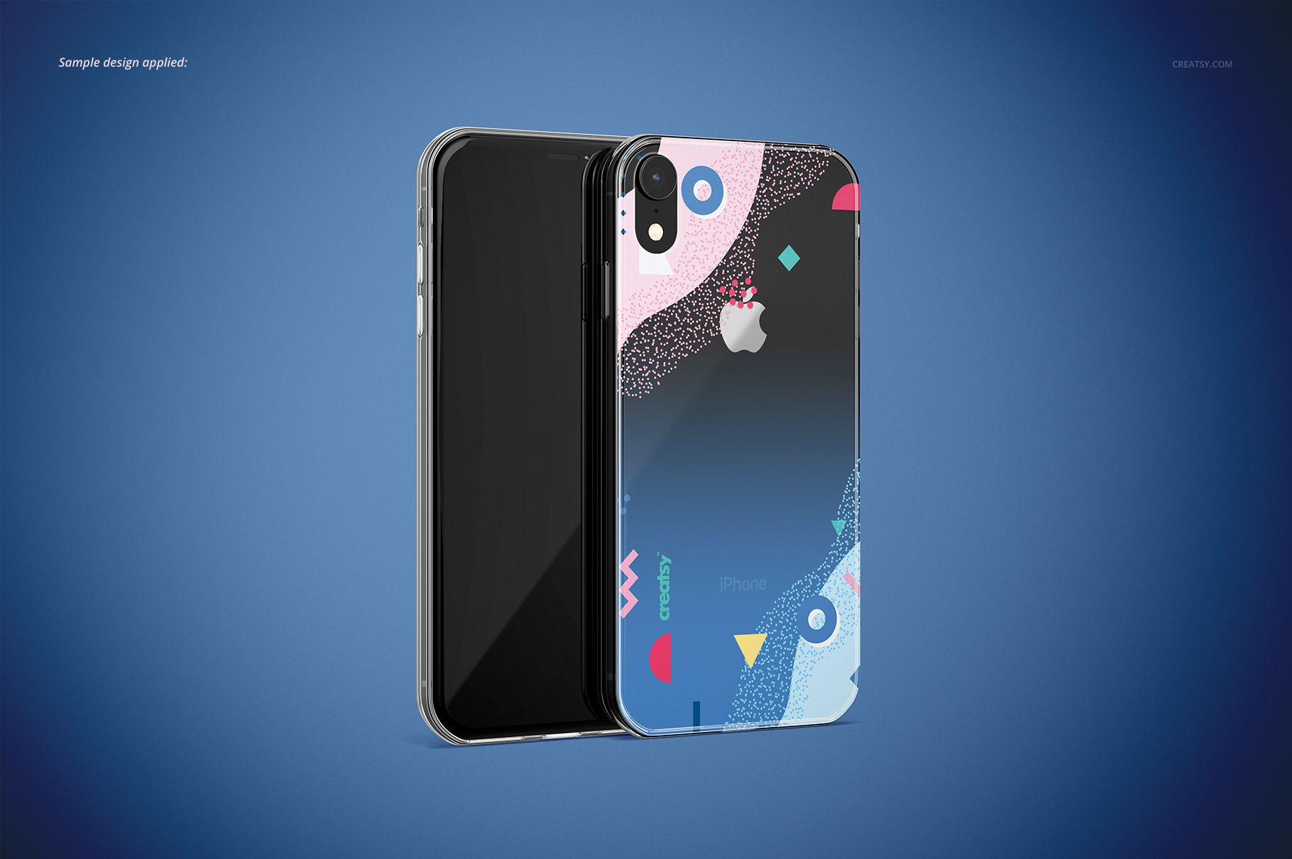 Clear iPhone XR case mockup featuring two phones, one with a colorful abstract pattern and one plain, on a blue background.