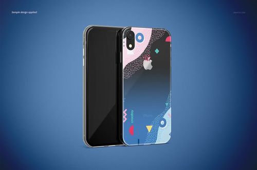 Clear iPhone XR case mockup featuring two phones, one with a colorful abstract pattern and one plain, on a blue background.