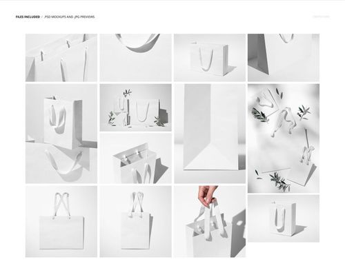 Set of white paper gift bag mockups arranged in a grid, featuring minimalist backgrounds and decorative leaves.