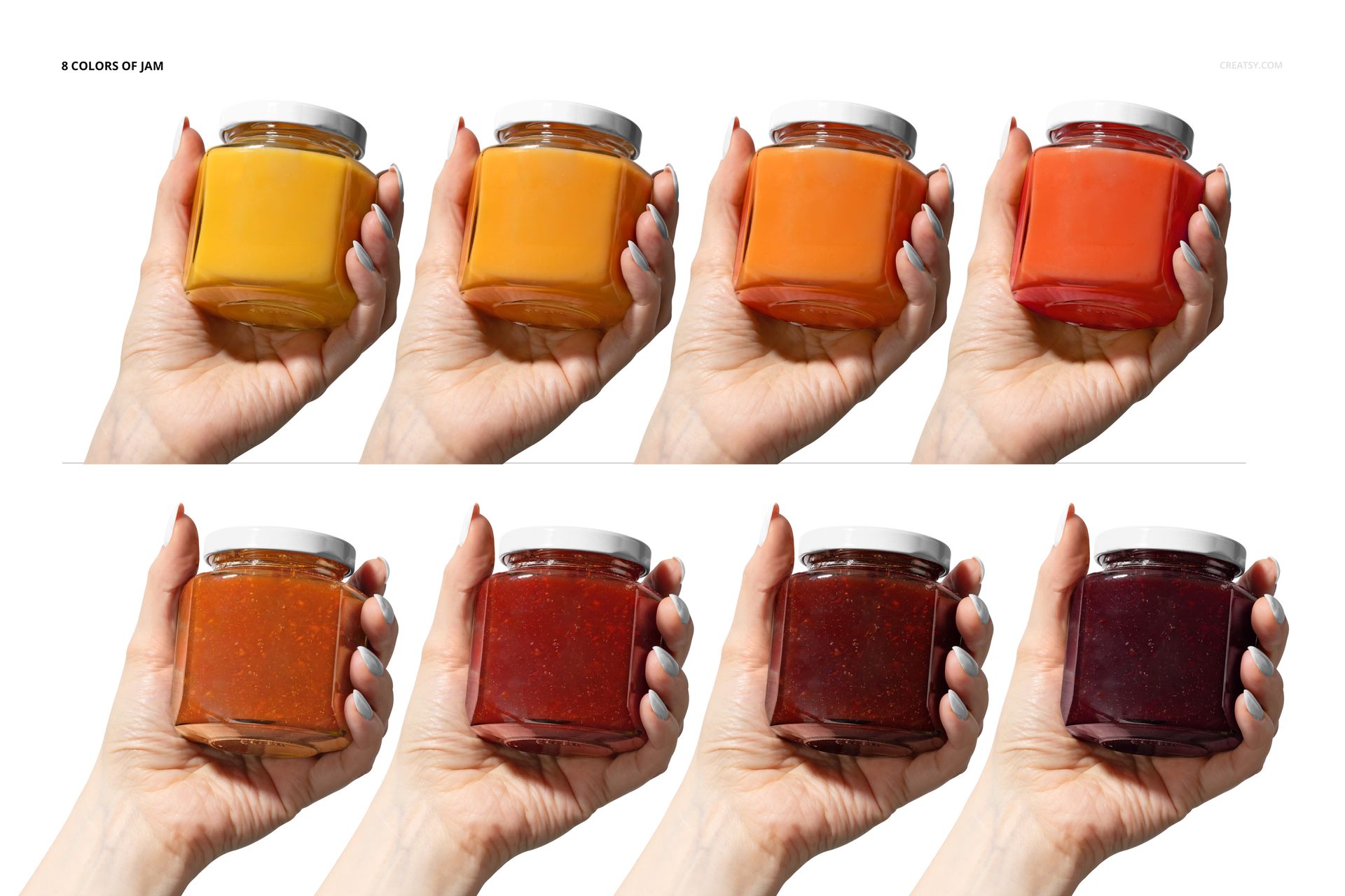PSD mockup showing a stylized hand gripping jam jars with assorted fruit colors, set against a clean white backdrop.
