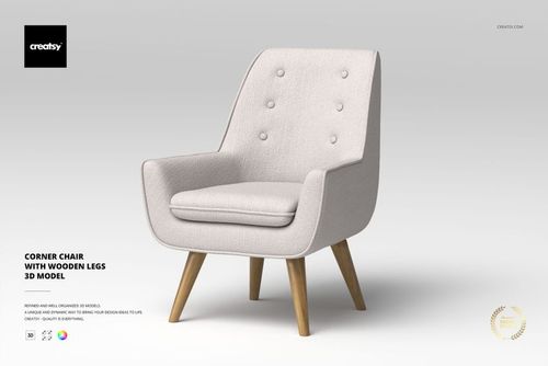 Modern corner chair with light beige upholstery and wooden legs, shown from a front angle on a plain background.