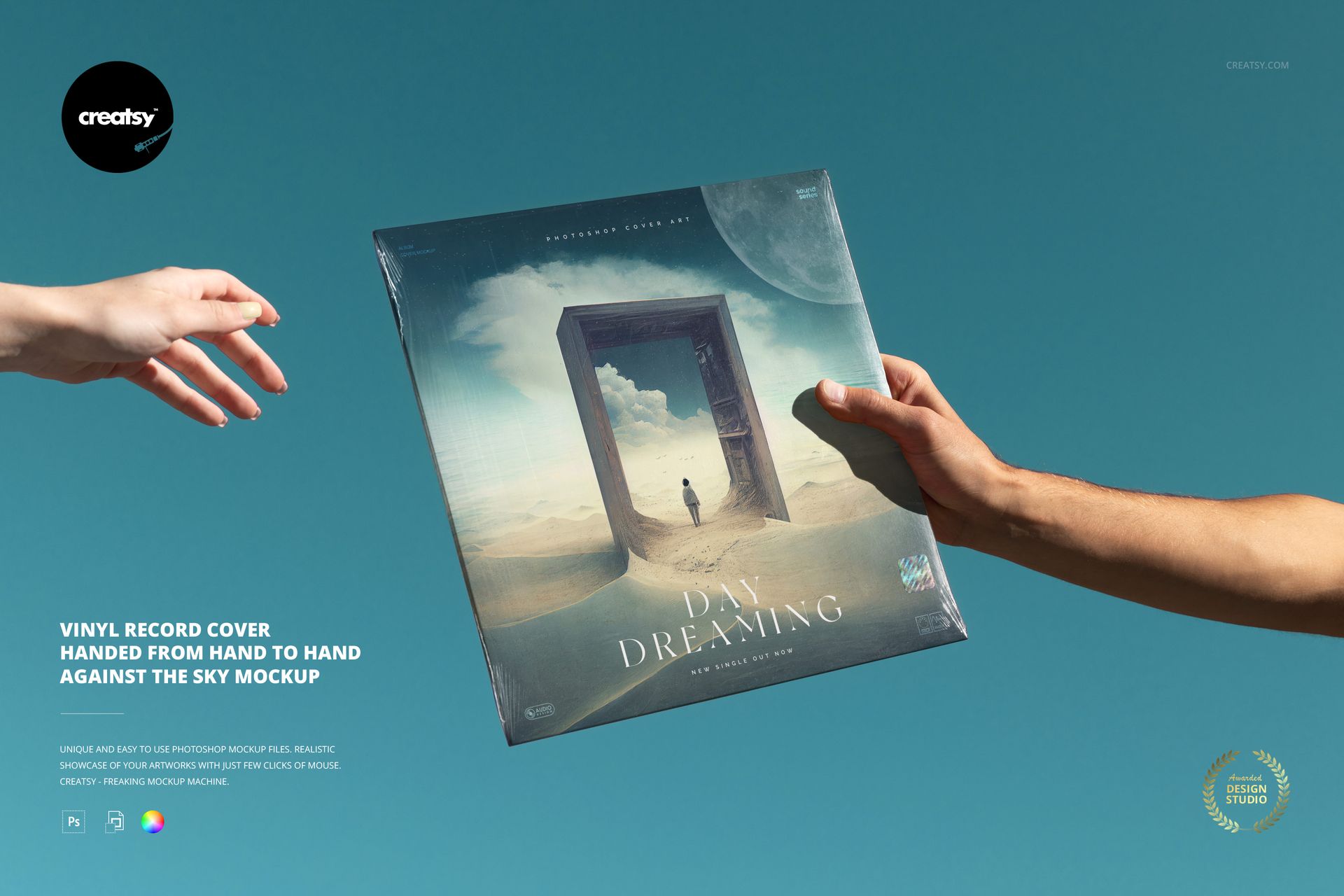 Vinyl record cover mockup being passed from one hand to another against a clear blue sky background.