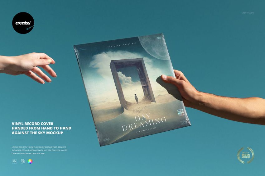 Vinyl Record Cover Handed from Hand to Hand Against the Sky Mockup - mockup screenshot 1