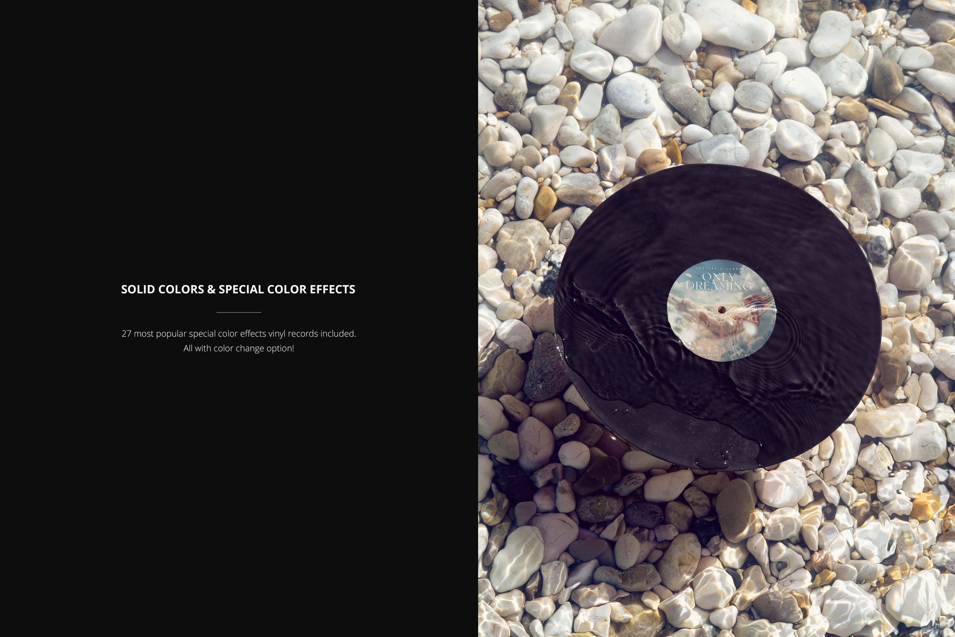 Vinyl record floating on clear water among white and beige pebbles, shown from a top view in a PSD mockup scene.