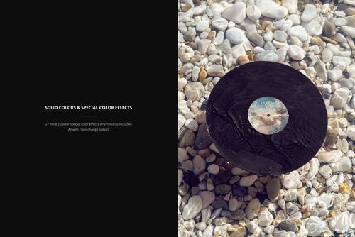 Vinyl record floating on clear water among white and beige pebbles, shown from a top view in a PSD mockup scene.