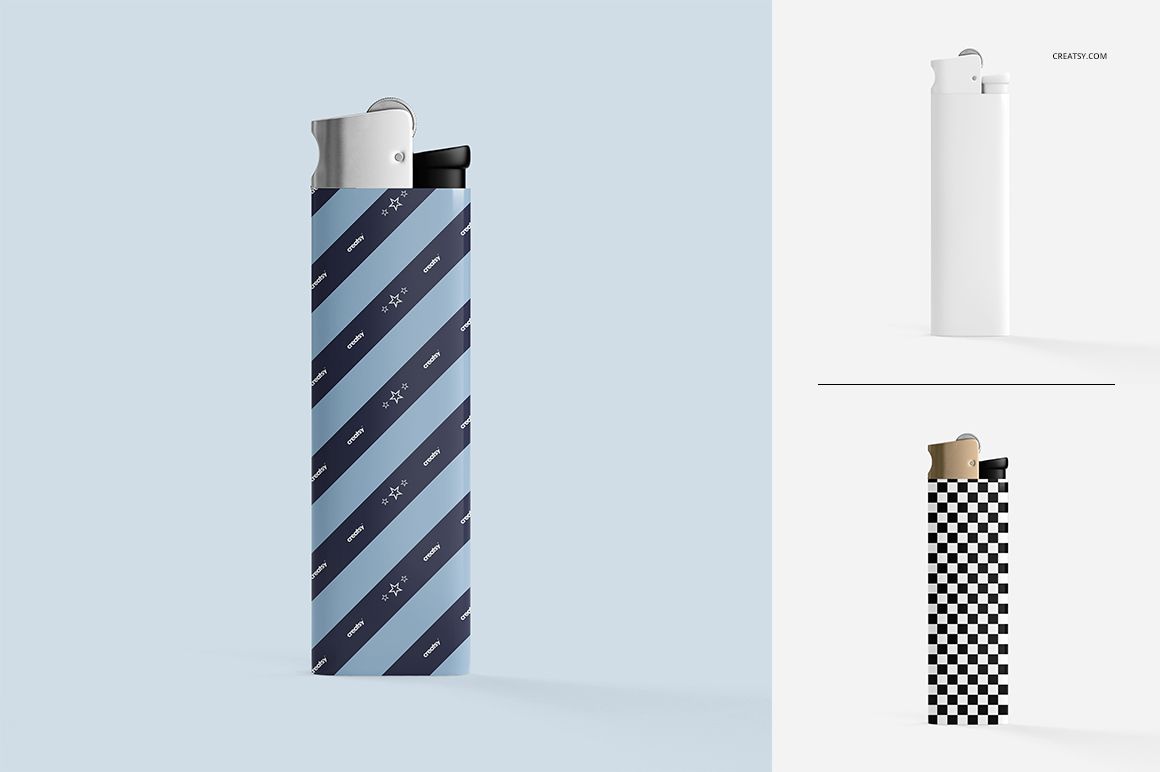 Lighter PSD mockup set with three variations, including patterned, checkered, and plain designs on a pale backdrop.