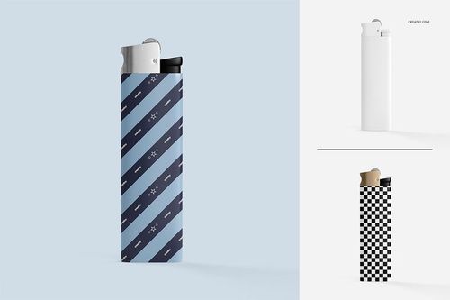 Lighter PSD mockup set with three variations, including patterned, checkered, and plain designs on a pale backdrop.