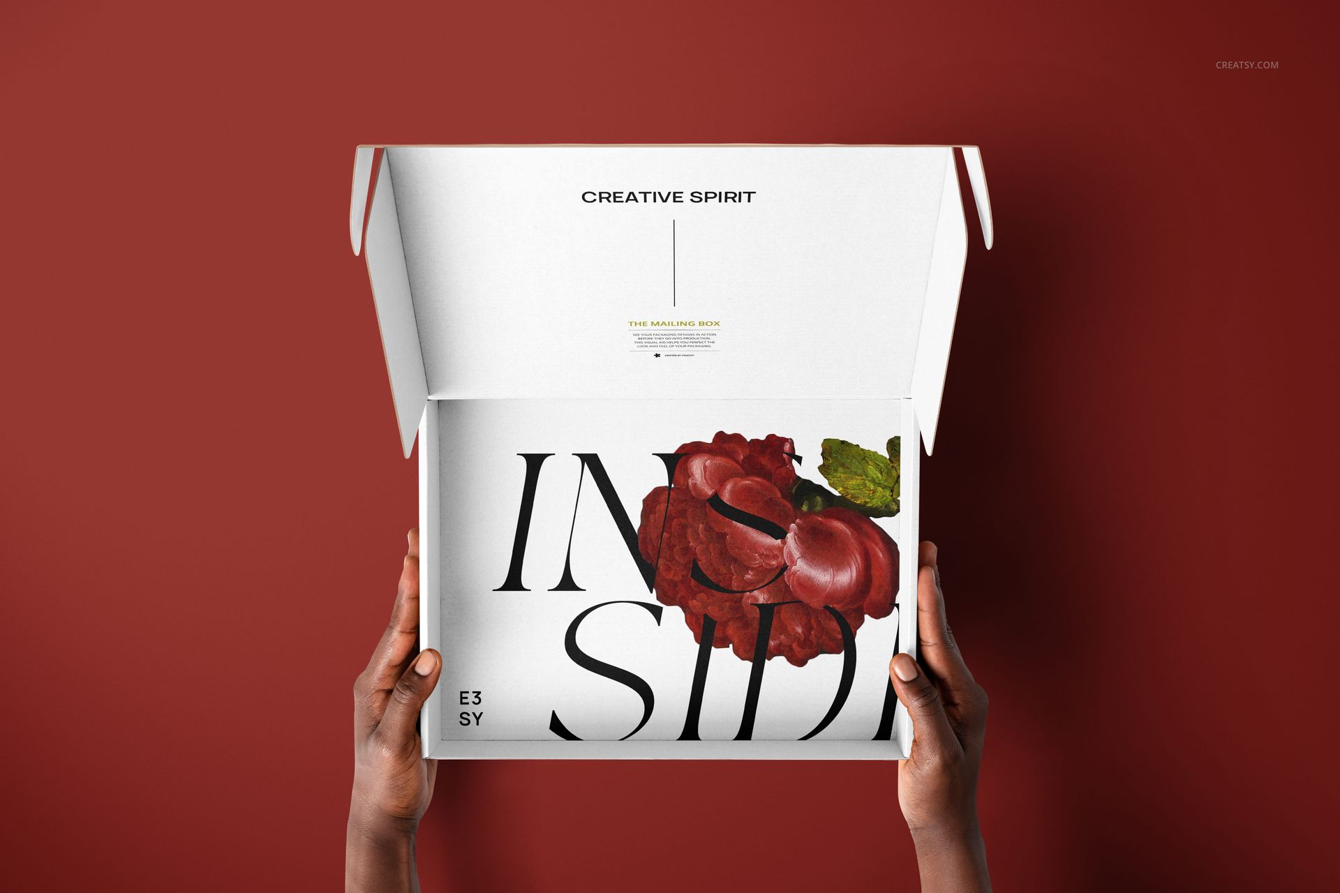 Rectangular white mailing box held in two hands, open to reveal bold text and floral artwork inside, top view.