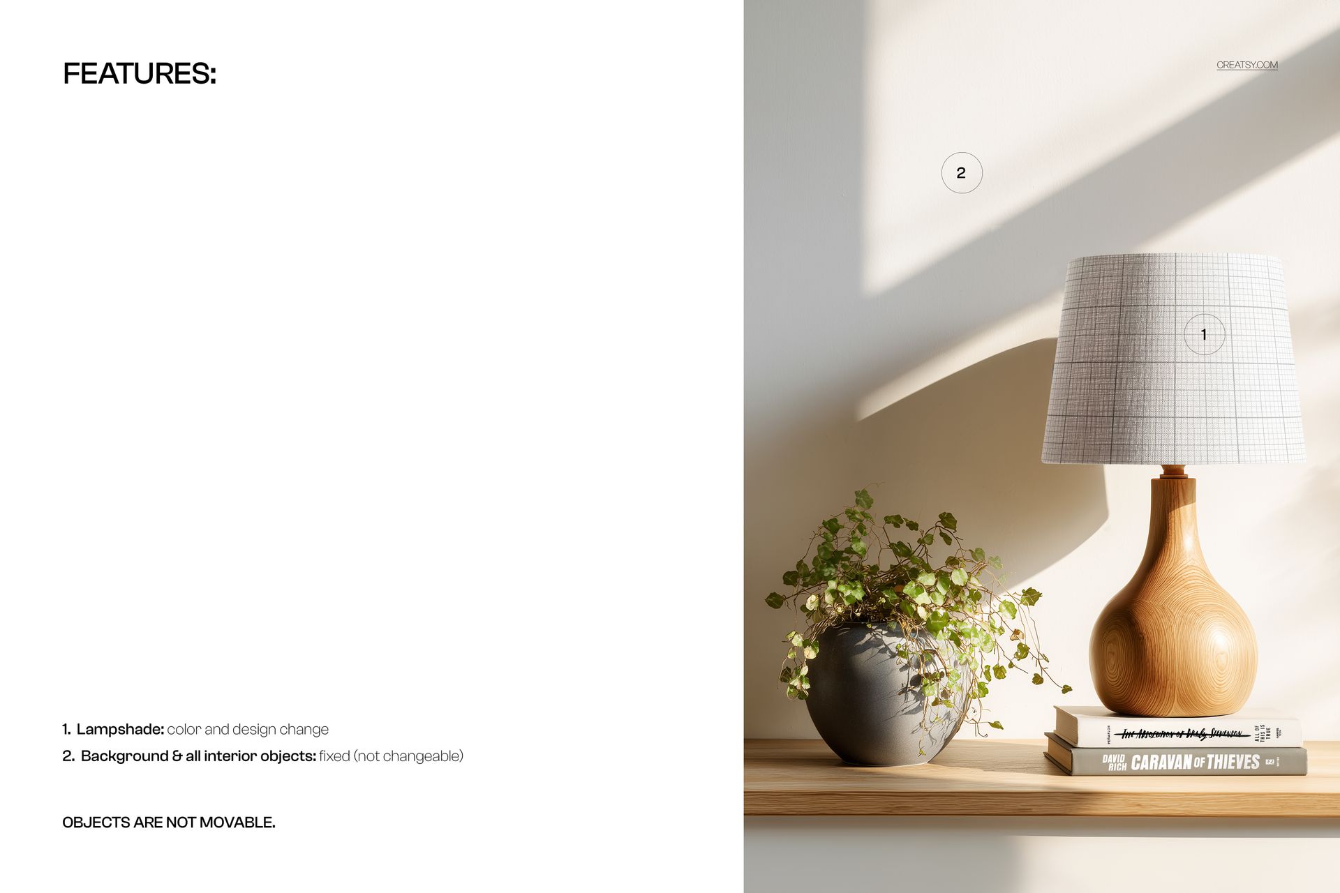 PSD mockup showing a wooden table lamp with a grid-patterned shade next to a leafy plant on a shelf.