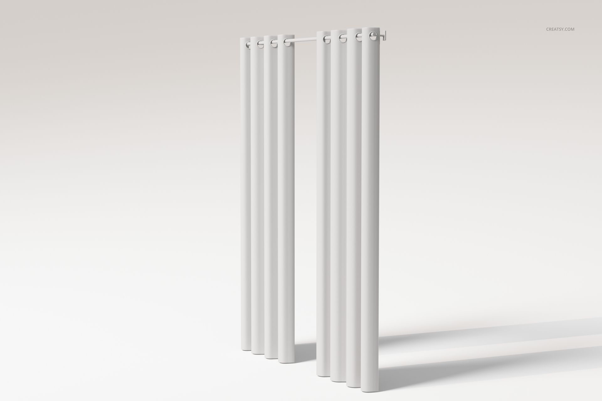Front view of two single panel eyelet curtains in solid white, displayed standing upright on a plain light background.