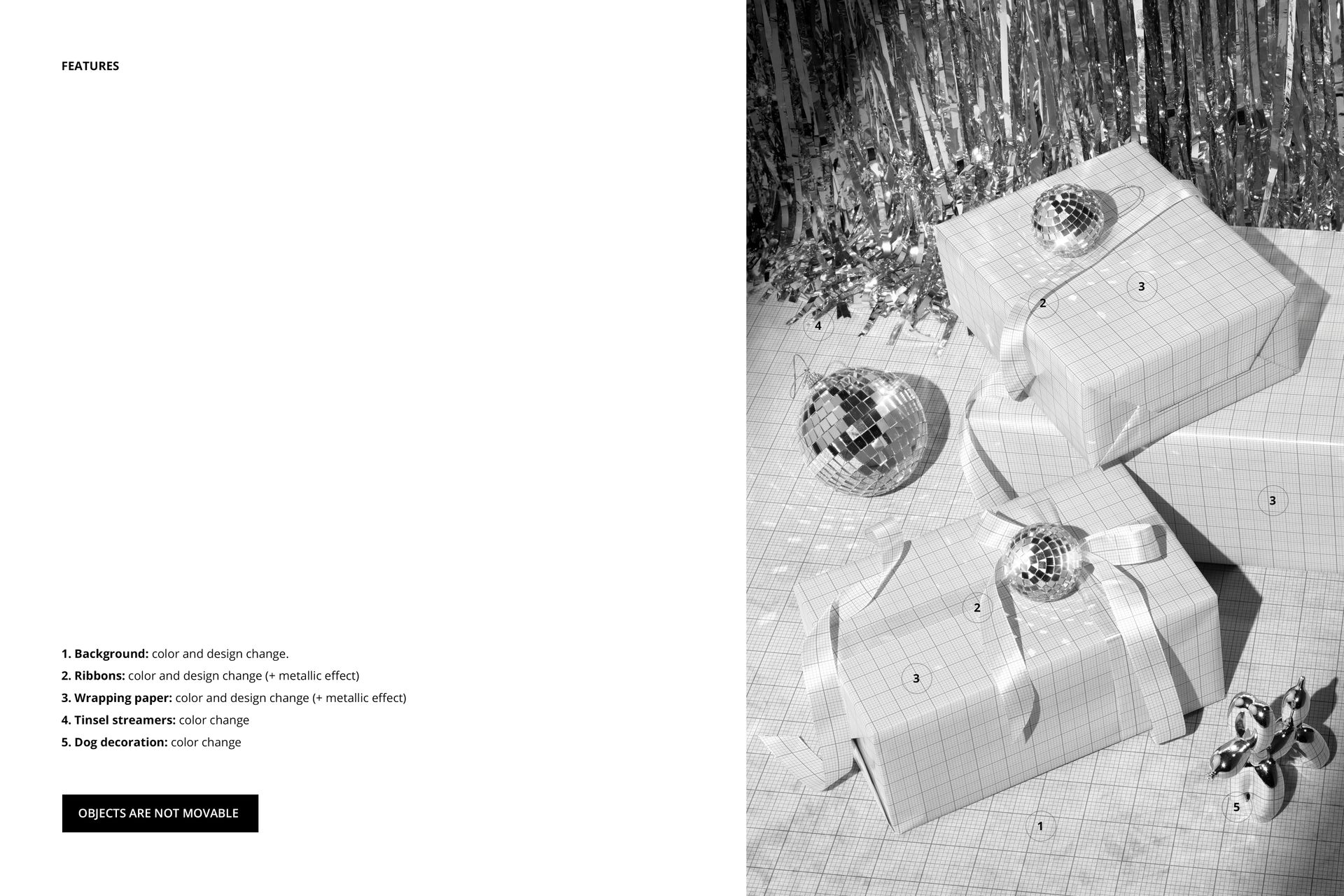 PSD mockup showing gift boxes in geometric wrapping paper, satin ribbon, disco balls, and festive tinsel curtain.