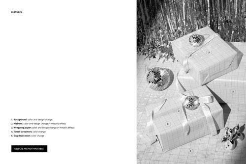 PSD mockup showing gift boxes in geometric wrapping paper, satin ribbon, disco balls, and festive tinsel curtain.