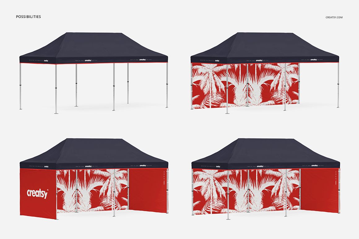 Four views of a pop up tent mockup featuring a dark blue canopy and red panels with white leaf designs.