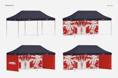 Four views of a pop up tent mockup featuring a dark blue canopy and red panels with white leaf designs.