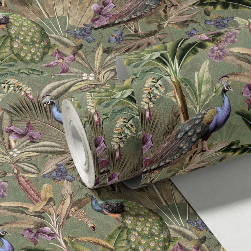 Non-woven vinyl wallpaper mockup featuring a tropical pattern with peacocks, lush green leaves, and purple flowers in a realistic setting.