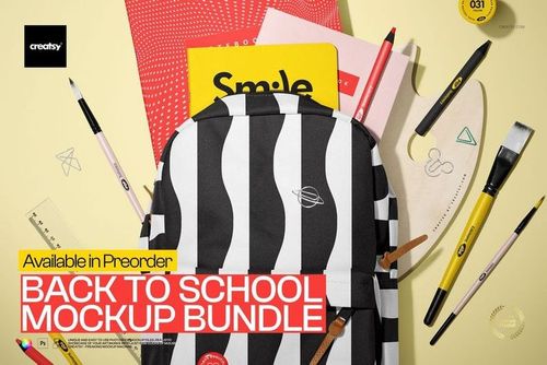 Top view of a black and white striped backpack surrounded by colorful notebooks, pens, pencils, ruler, and paintbrushes on a yellow background.