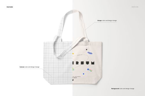 Front view of a weekender tote bag mockup with a split design, featuring grid and abstract colorful patterns.