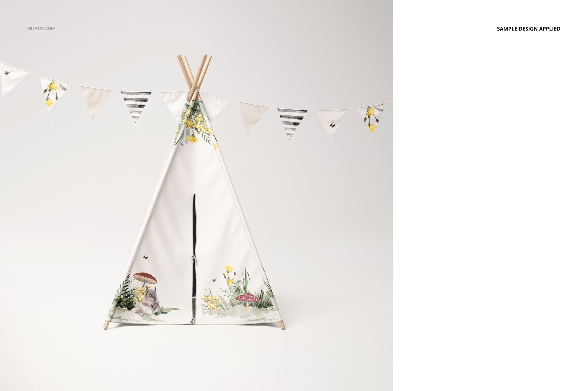 Teepee tent PSD mockup featuring botanical and animal designs, shown from the front with a string of bunting above.