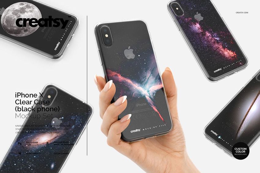 Clear iPhone X case mockup displayed on a black phone with cosmic-themed design, shown from multiple angles on white background.
