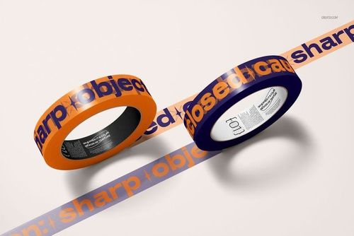 Semi-transparent duct tape mockup with orange and blue rolls, featuring printed text, viewed from a front angle.