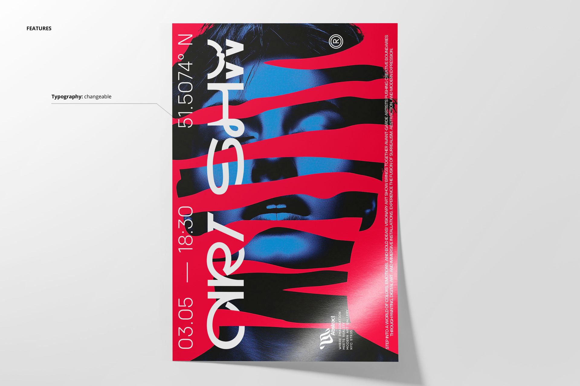 Crimson Mirage PSD mockup poster with distorted text, red stripes, and a blue-tinted face, displayed on a white surface.
