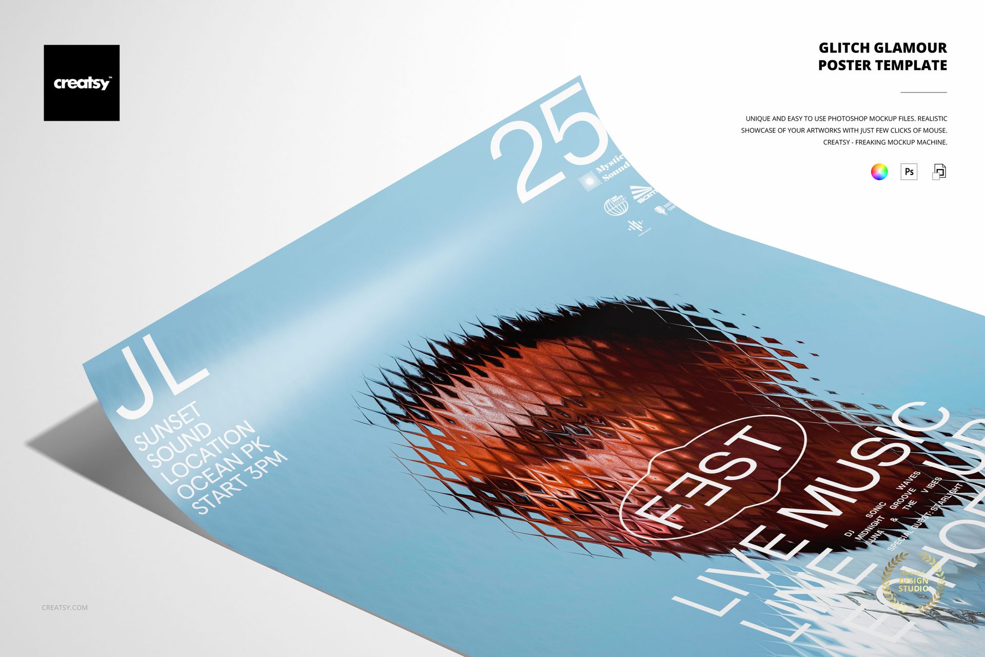 Rectangular poster mockup with a blue base, distorted diamond pattern, and bold white text for a music festival.