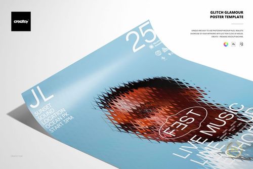 Rectangular poster mockup with a blue base, distorted diamond pattern, and bold white text for a music festival.