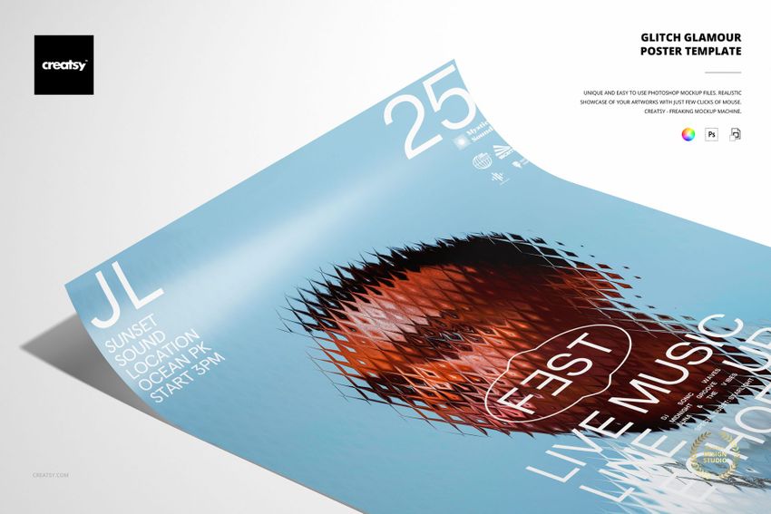 Rectangular poster mockup with a blue base, distorted diamond pattern, and bold white text for a music festival.