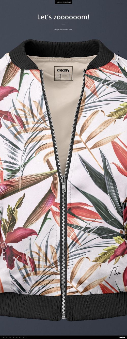 Front view of a women's bomber jacket mockup featuring colorful leaves and flowers, displayed with the zipper partially open.