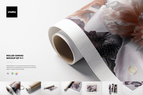 Close-up of a rolled canvas print mockup featuring detailed floral patterns and a cardboard tube on a light background.