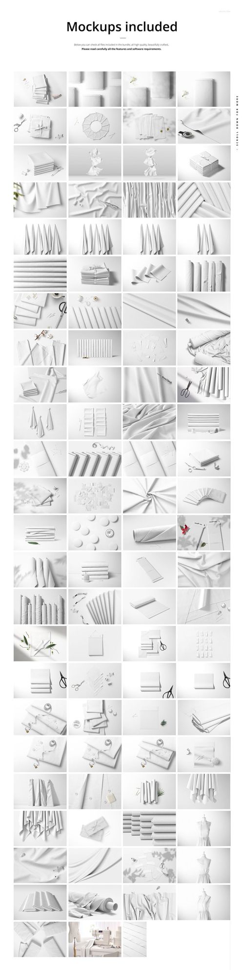 Various fabric mockups including folded, stacked, draped, rolled, and hanging fabrics in neutral tones, shown from multiple angles.