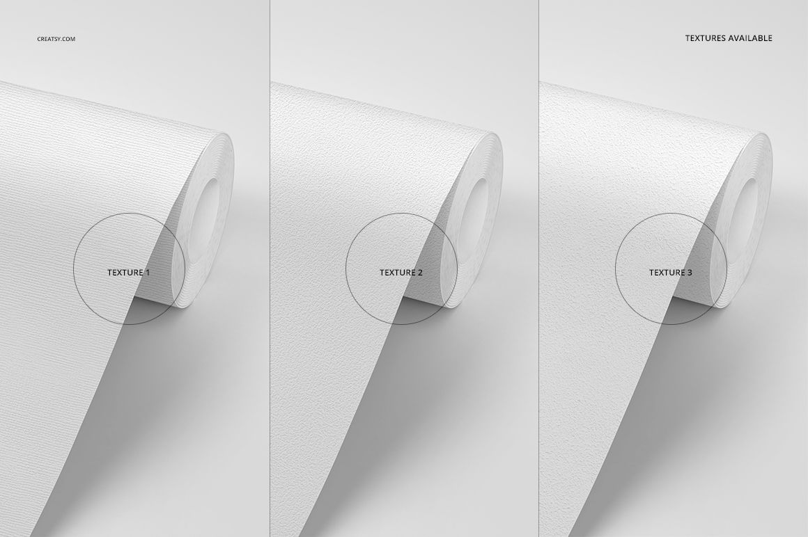 Three white wallpaper rolls displayed side by side, each showing a different texture in a front angled view.