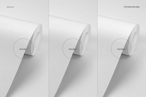 Three white wallpaper rolls displayed side by side, each showing a different texture in a front angled view.