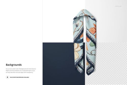 Silk scarf mockup featuring a light blue base with floral and chain designs, shown from a top view on a divided backdrop.