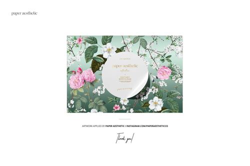 Front view of a classic painted picture frame mockup with a floral design, featuring pink and white flowers on a green background.