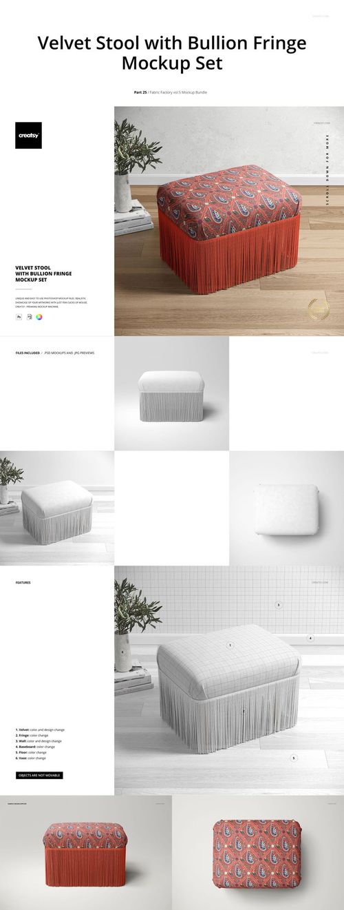 Mockup of a square upholstered stool with bullion fringe, displayed in multiple textile designs and color options.