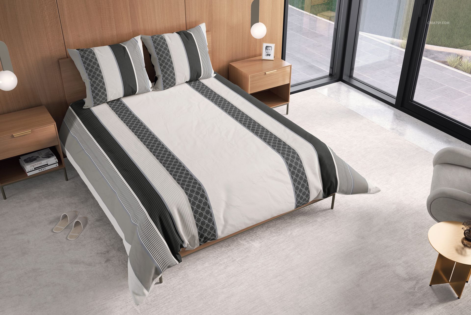 Mockup scene showing a neatly made bed with gray and white striped comforter, wooden furniture, and large windows.