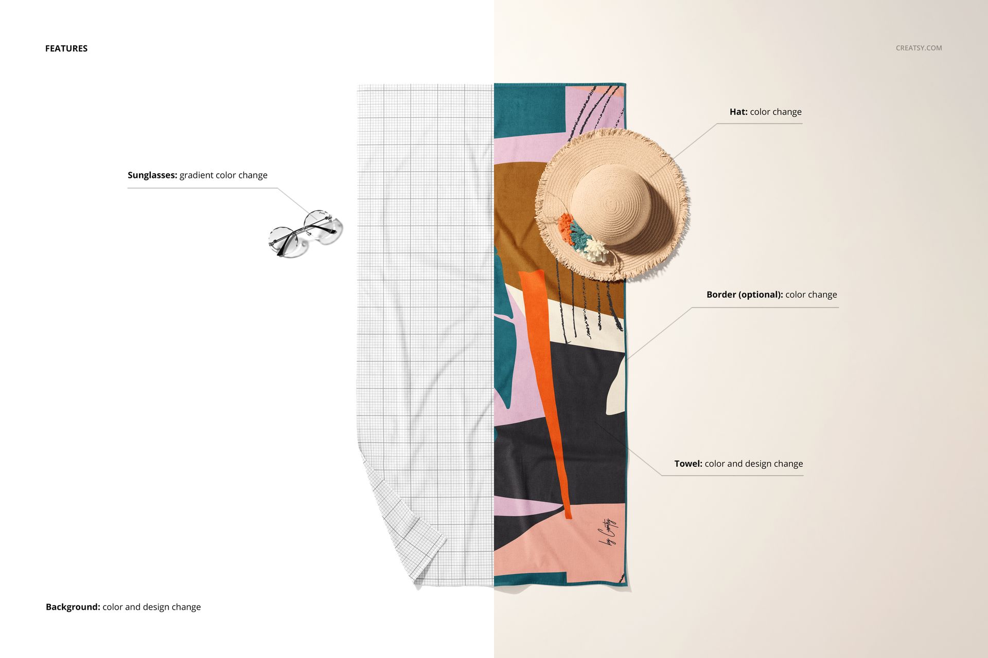 Beach towel mockup showing a rectangular towel with abstract colorful patterns, sunglasses, and a straw hat, top view.