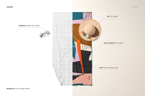 Beach towel mockup showing a rectangular towel with abstract colorful patterns, sunglasses, and a straw hat, top view.