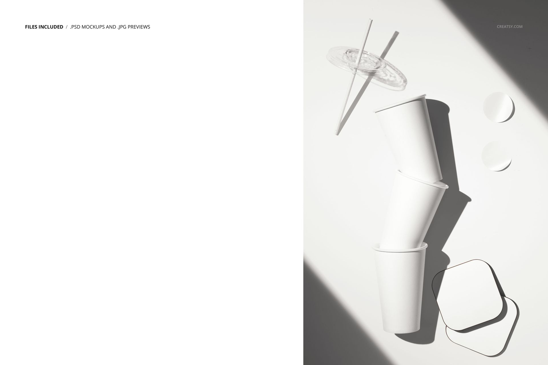 PSD mockup featuring three white paper cups, two bar coasters, and drink stirrers arranged on a bright background.