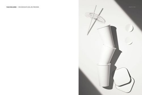 PSD mockup featuring three white paper cups, two bar coasters, and drink stirrers arranged on a bright background.