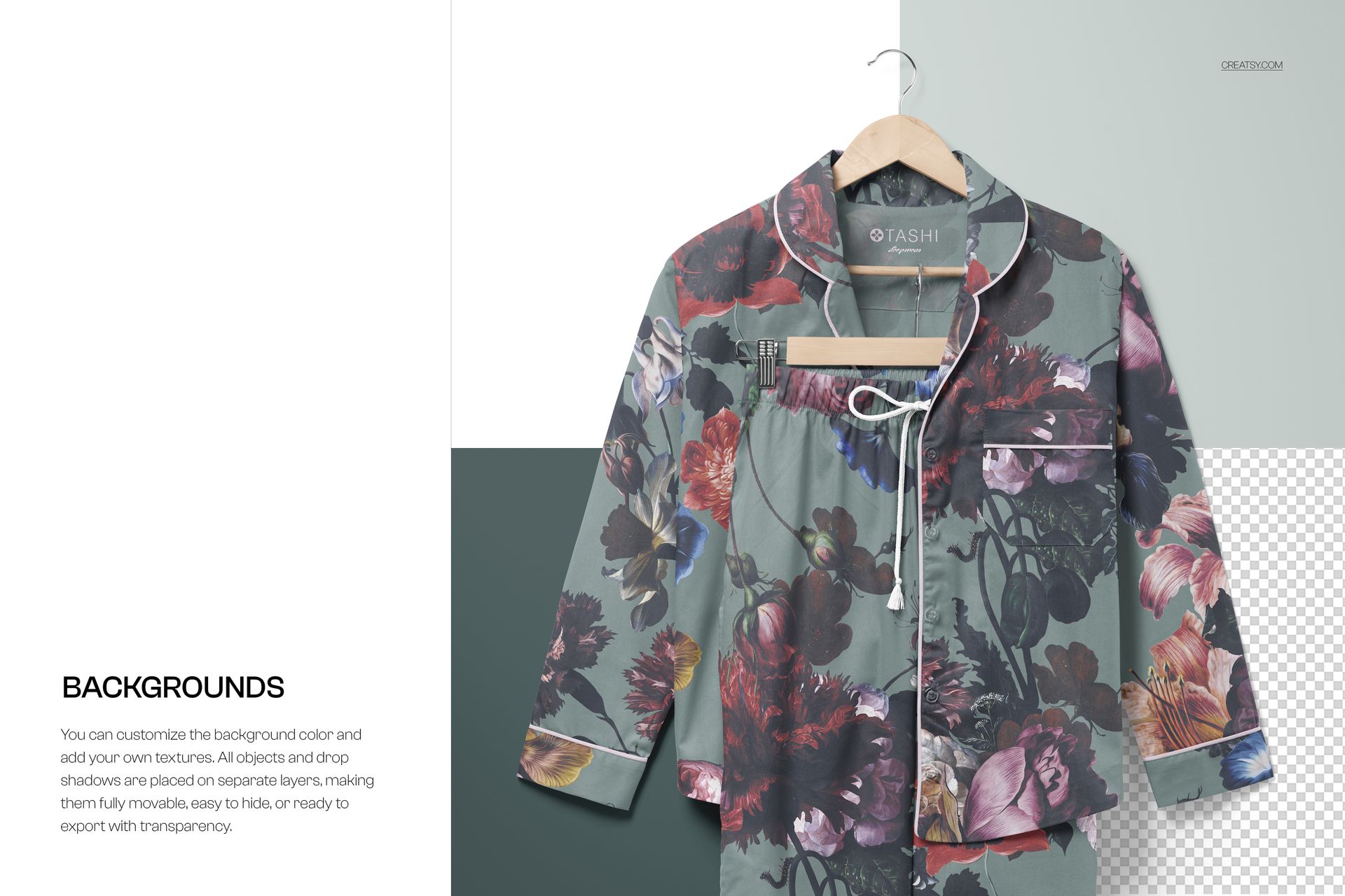 Long-sleeve pajama top and pants mockup with multicolored floral design, shown against a split background.