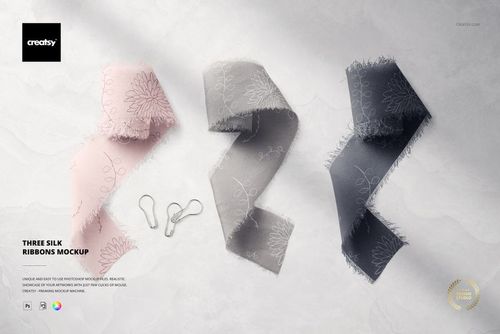 Silk ribbons mockup featuring three colors and floral designs, arranged side by side on a marble-like background.